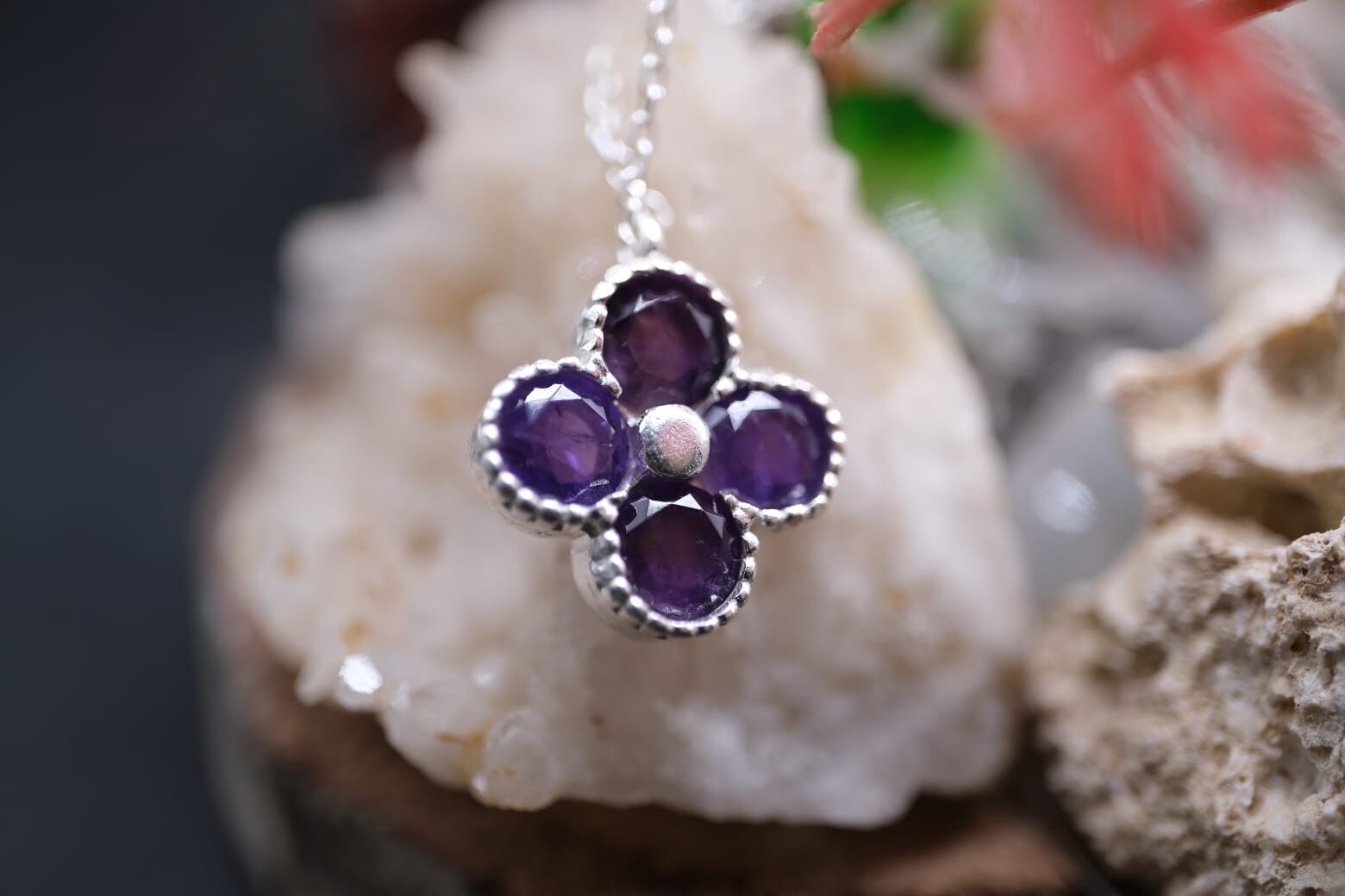 1.74ct Natural Round Ametist 925 Ayar 2.60 gram Gümüş Zincirli Kolye