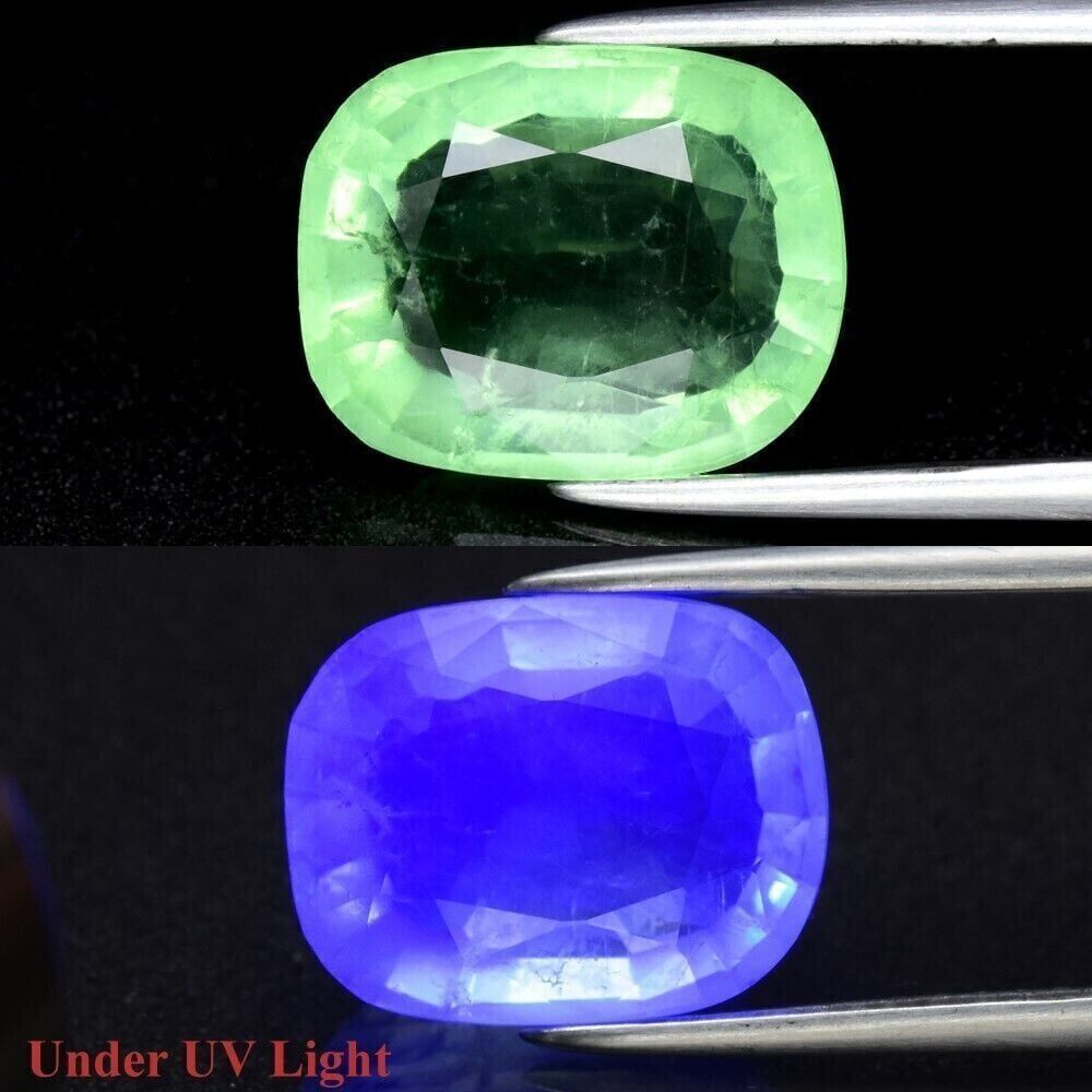 5.11ct 11.8x9.3mm Cushion Natural Green Fluorite Gemstone (Under UV Light)