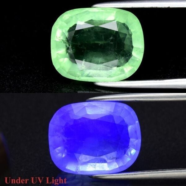 5.11ct 11.8x9.3mm Cushion Natural Green Fluorite Gemstone (Under UV Light)