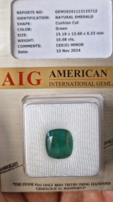 10.08ct 15.18x13.60mm Natural Cushion  Zambian Emerald Sertifikalı