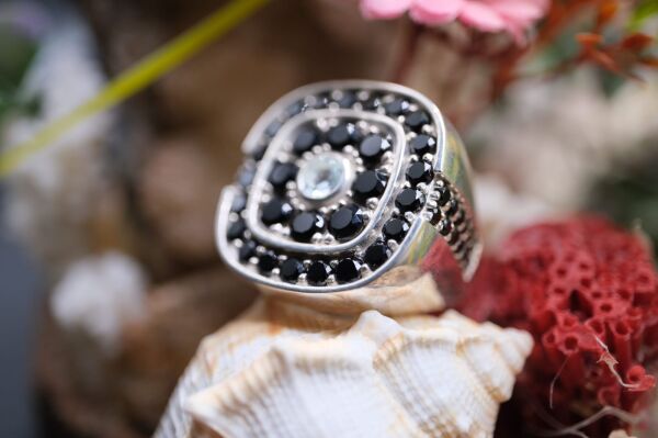 3.50ct Natural Spinel ve 0.44ct Natural Akuamarin Taşlı Alaşımlı Kararmaz Gümüş Erkek Yüzük